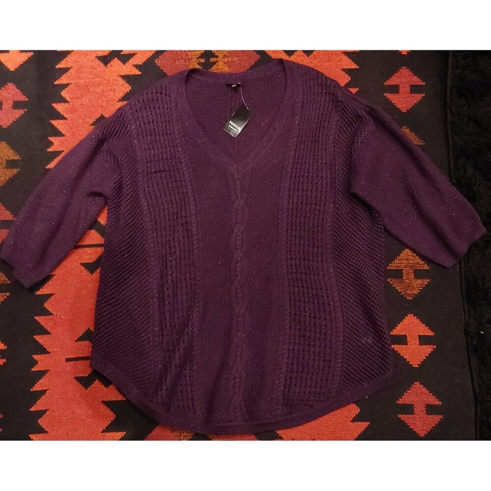 NEW Torrid Purple V-Neck Knit Sweater Size 4 Sparkly Cable & Mesh Design 3/4 Sle
